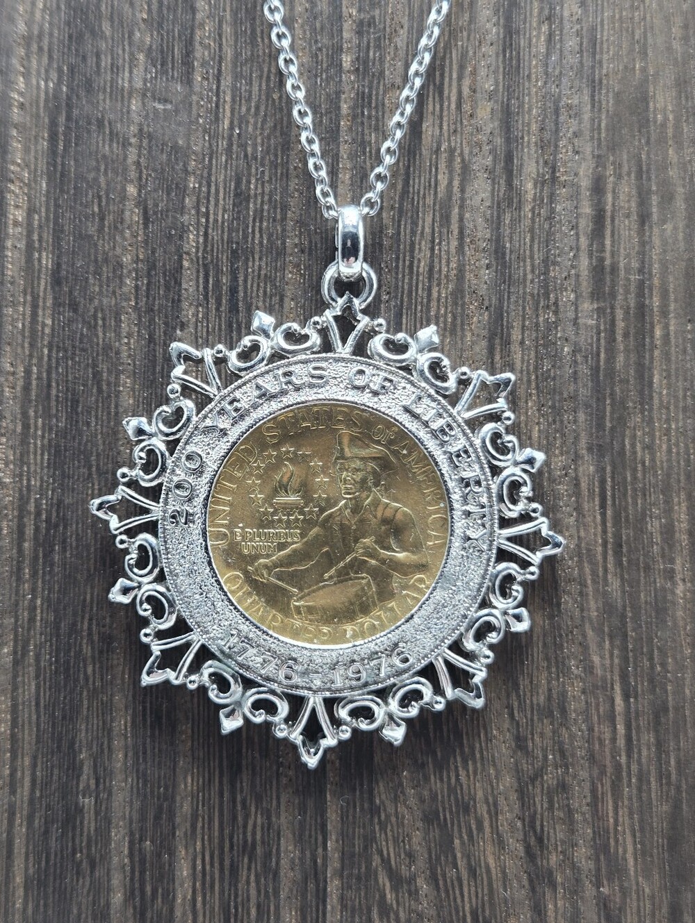 1976 US Bicentennial Quarter Sterling Silver Pendant USA 200th Anniversary VTG